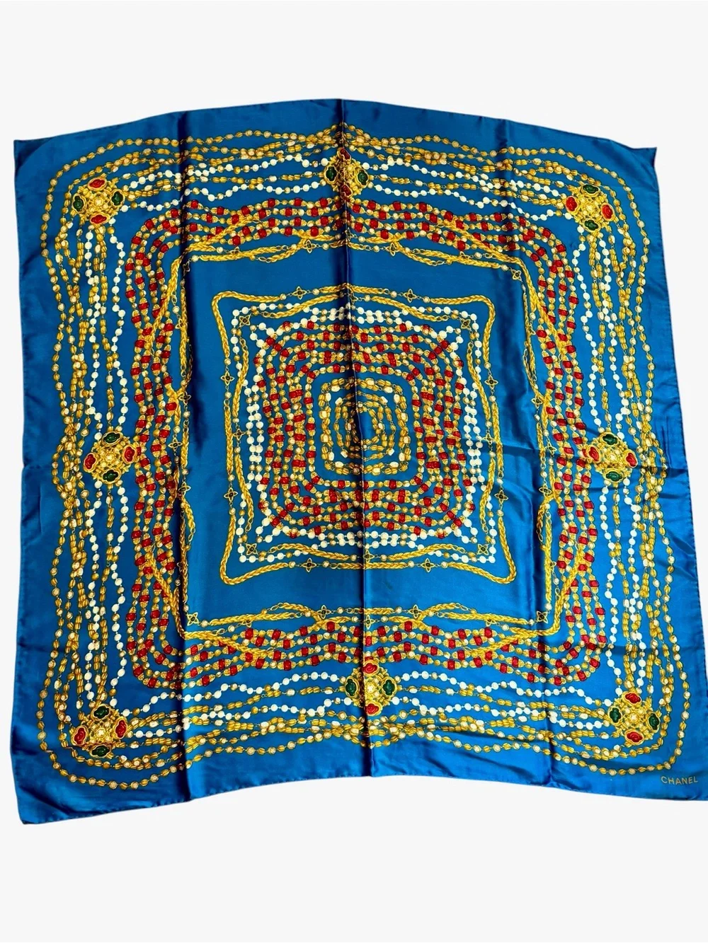CHANEL Gripoix Blue Silk Scarf with Gold Chain and Red & Green Medallions